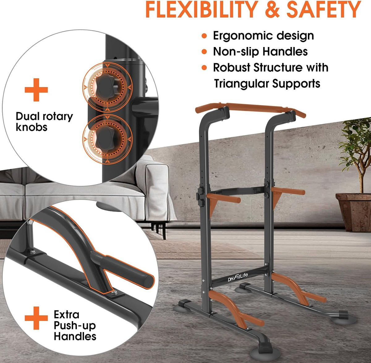 Freestanding Power Tower Dip Station with 150kg Capacity & Pull-Up Bar
